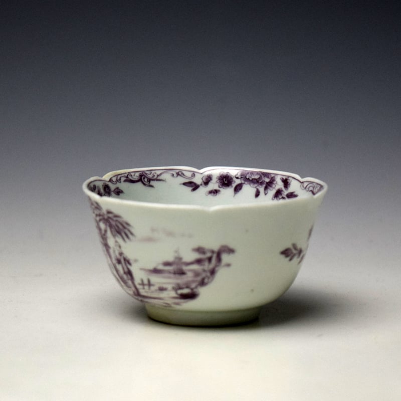 Worcester Puce Man With Cane Pattern Notched Rim Teabowl and Saucer c1756-60 (5)