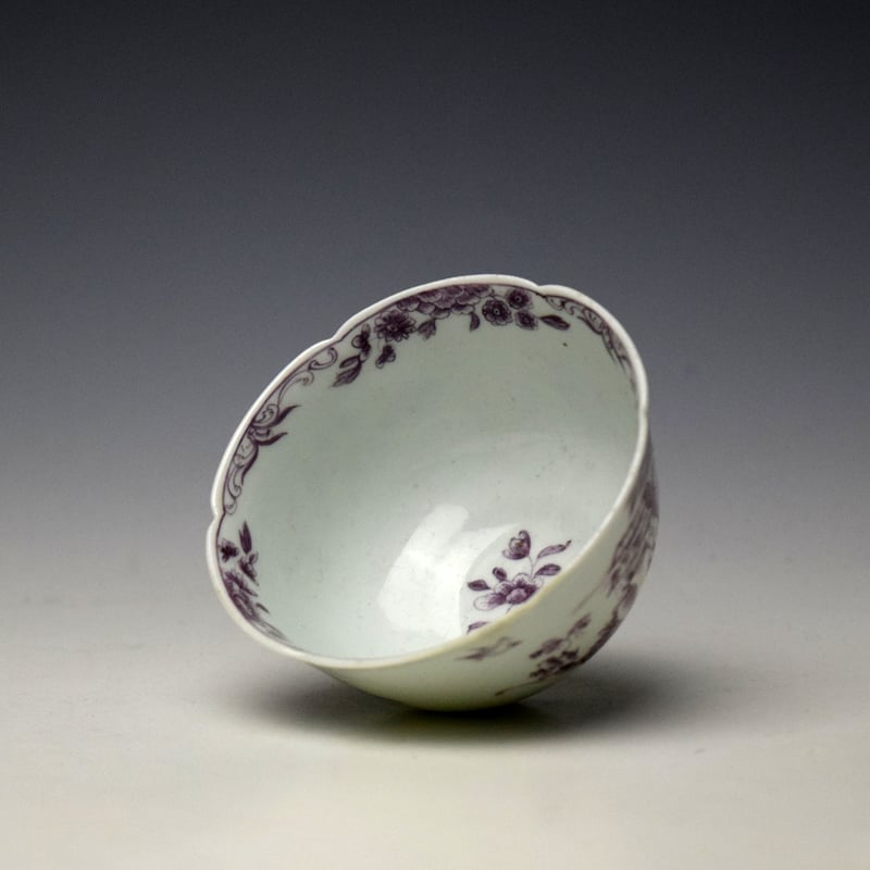 Worcester Puce Man With Cane Pattern Notched Rim Teabowl and Saucer c1756-60 (6)