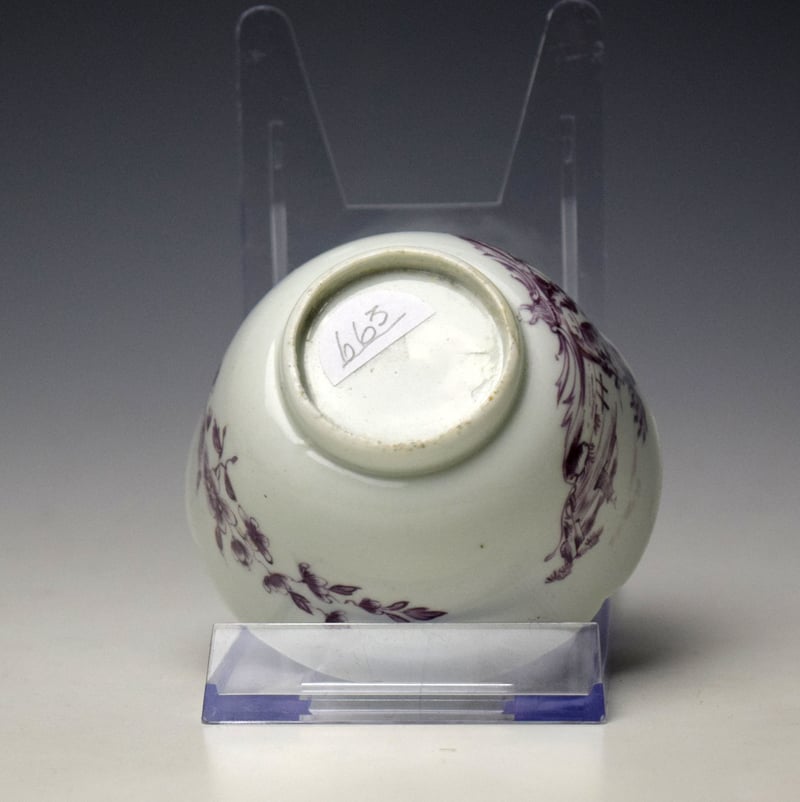 Worcester Puce Man With Cane Pattern Notched Rim Teabowl and Saucer c1756-60 (7)