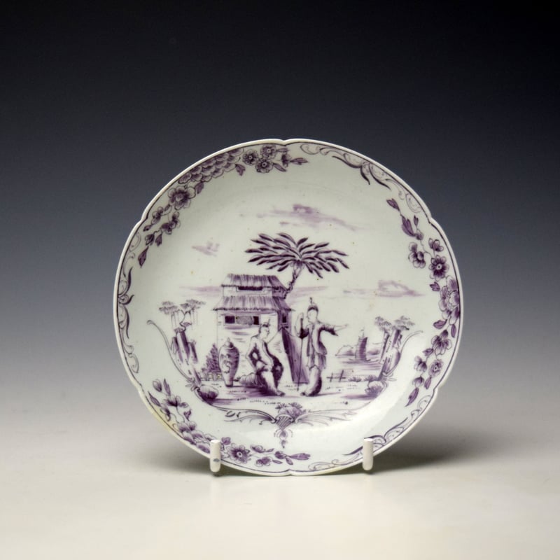 Worcester Puce Man With Cane Pattern Notched Rim Teabowl and Saucer c1756-60 (8)