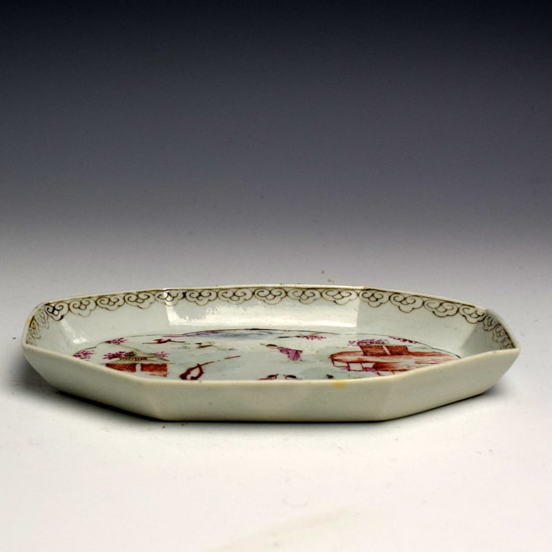 Worcester Rare Octagonal Stag Hunt Pattern Spoon Tray c1754 (3)