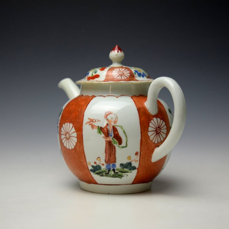 Worcester Scarlet Japan Mandarin Pattern Teaot and Cover c1760-65 (6)