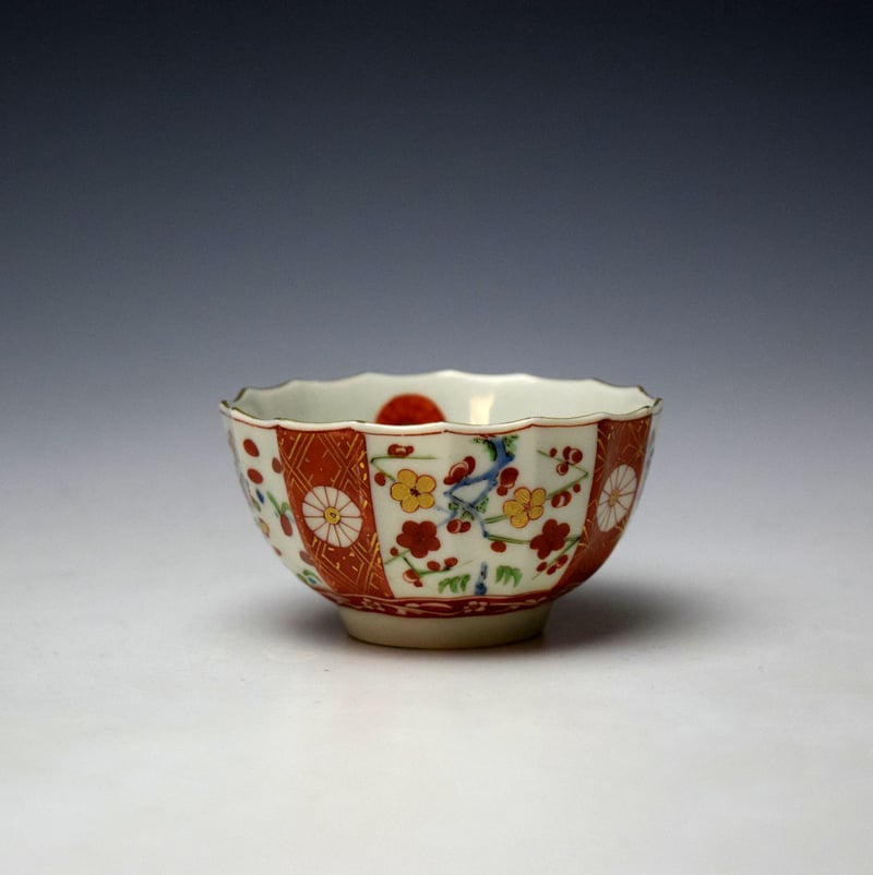 Worcester Scarlett Japan Pattern Fluted Teabowl and Saucer c1770-75 (2)