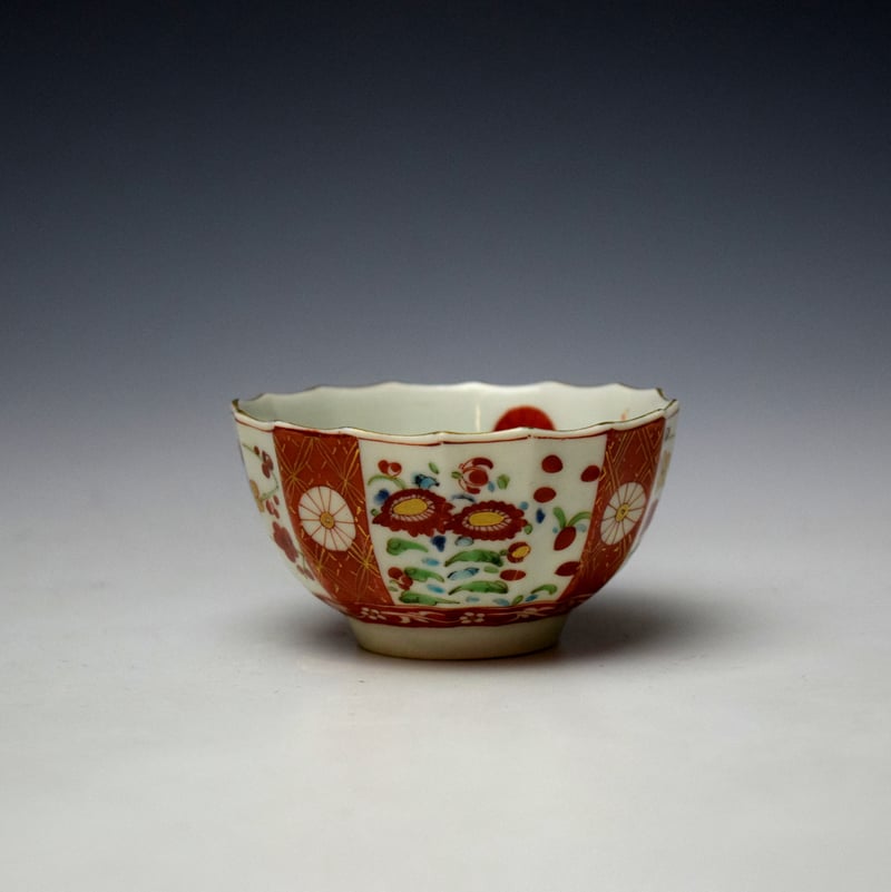 Worcester Scarlett Japan Pattern Fluted Teabowl and Saucer c1770-75 (3)