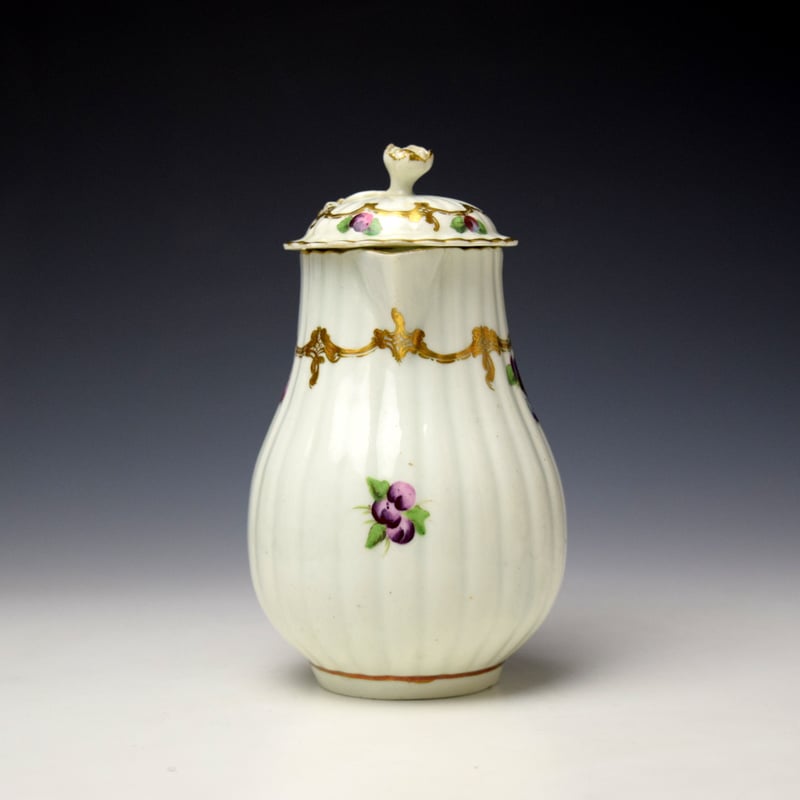 Worcester Spotted fruit Pattern Fluted Cream Jug and Cover c1775-80 (2)