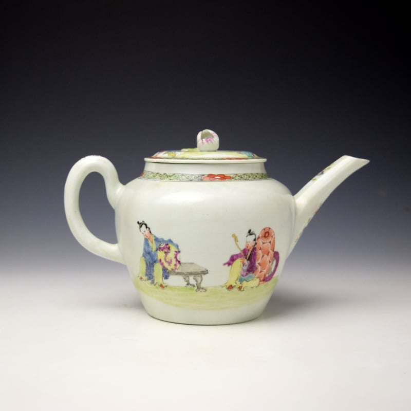 Worcester Three Musicians Pattern Teapot Cover and Stand c1756-65 (4)