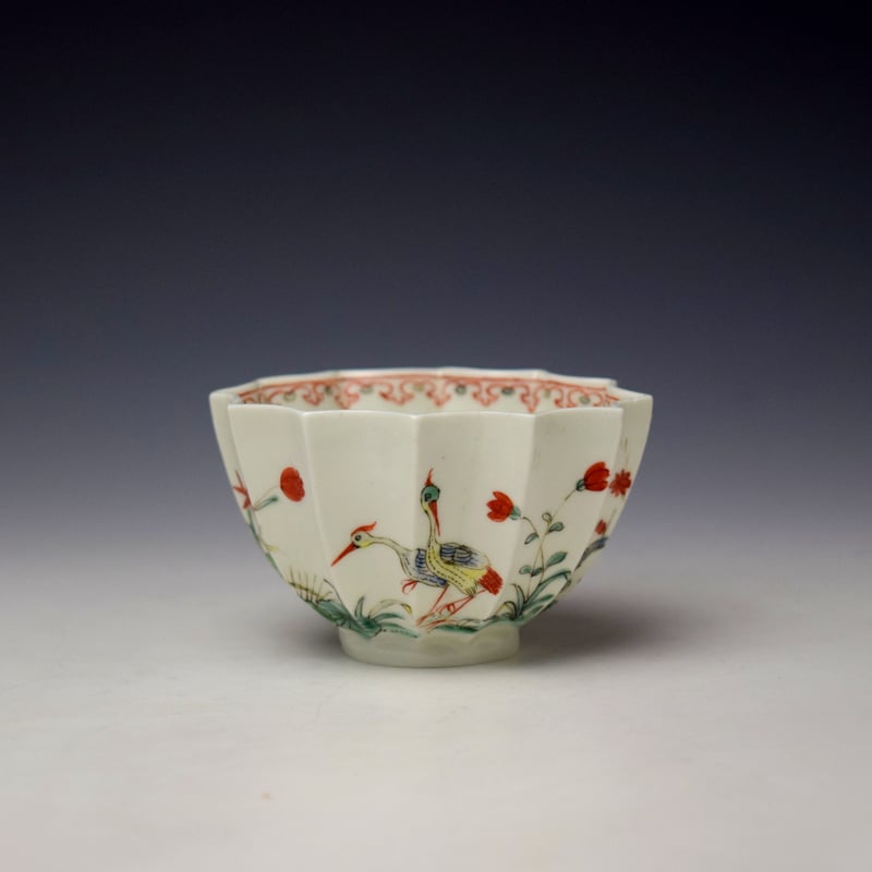 Worcester Two Strutting Bird Pattern Twelve Sided Teabowl and Saucer c1752-53 (2)