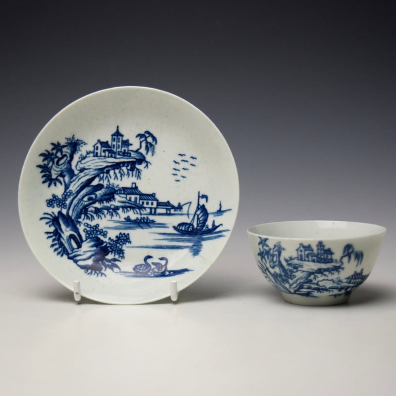 Rare Two Swan Precipice Pattern Teabowl and Saucer c1757-60