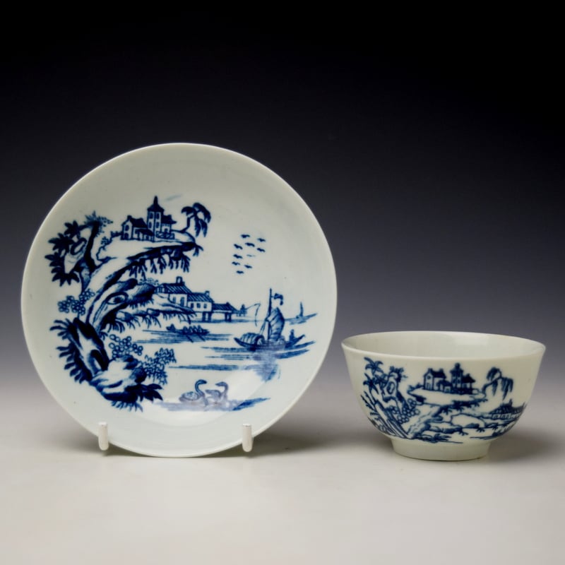 Two Swan Precipice Teabowl and Saucer c1757-60