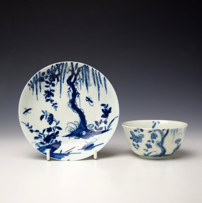 Very Rare Weeping Willow Pattern Teabowl and Saucer c1754-56