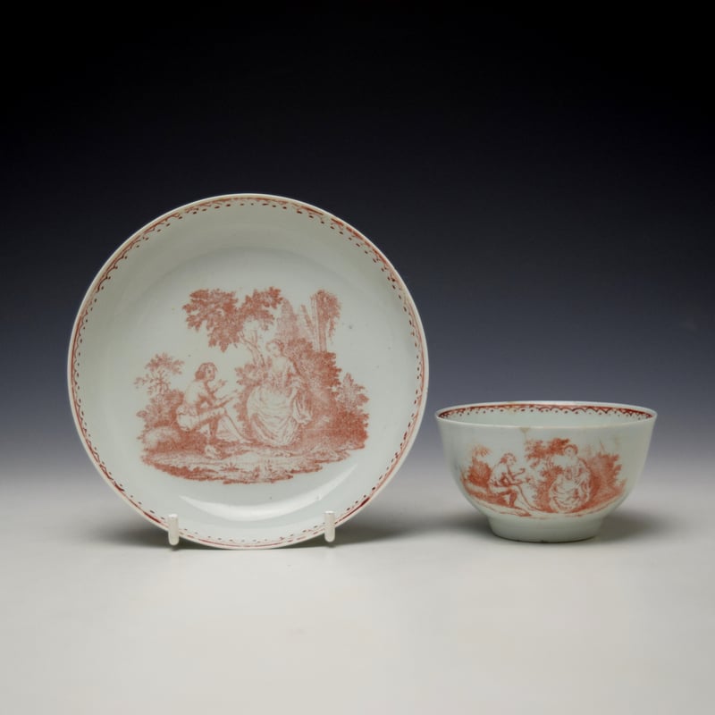 Rare Liverpool Porcelain Sadler Red Printed Teabowl and Saucer c1760-65