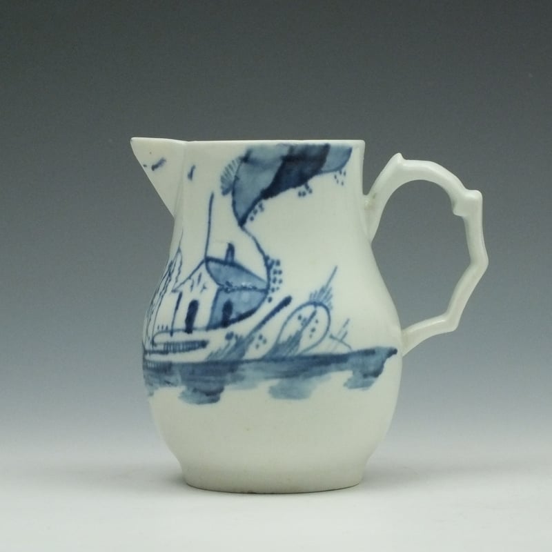 Longton Hall Hut and Man Fishing Pattern Sparrow Beak Jug c1755-60