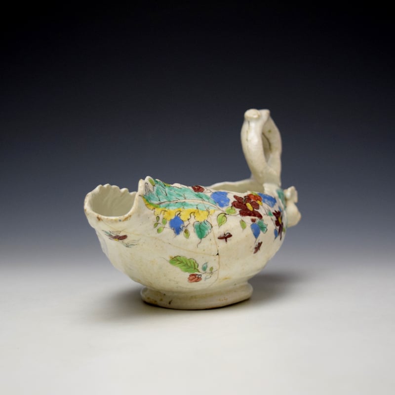 Longton Hall Polychrome Floral Pattern Cos Moulded Saucerboat c1756-60 (2)