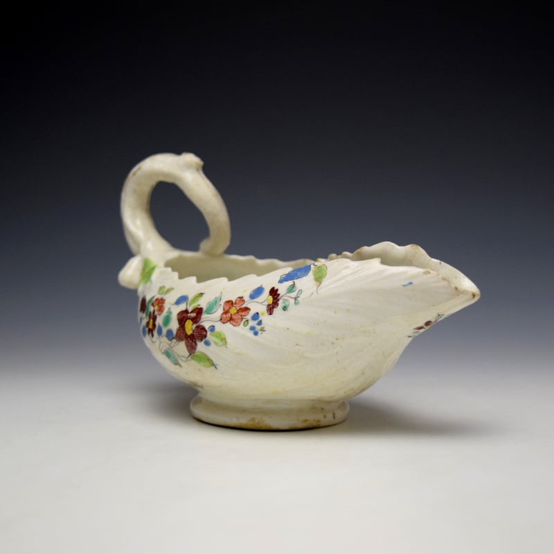Longton Hall Polychrome Floral Pattern Cos Moulded Saucerboat c1756-60 (3)