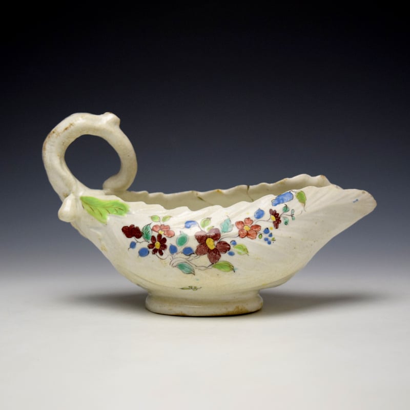 Longton Hall Polychrome Floral Pattern Cos Moulded Saucerboat c1756-60 (4)