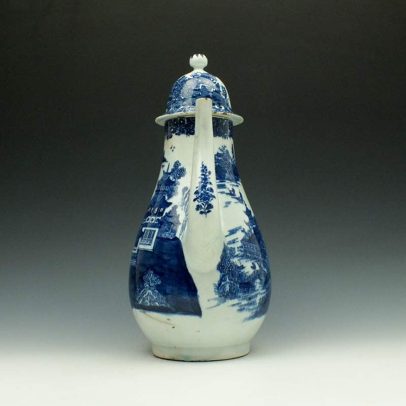 Lowestoft Dark Landscape Pattern Coffee Pot and Cover c1785-95 (3)