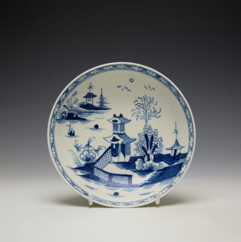 Lowestoft Fenced Pagoda River Landscape Pattern Breakfast Size Teabowl and Saucer c1780-85 (14)