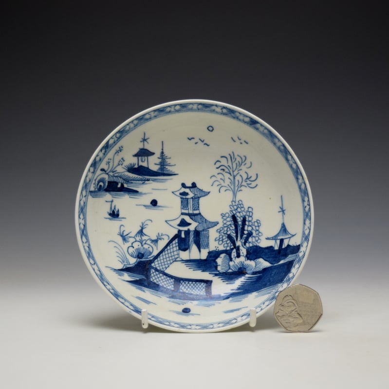 Lowestoft Fenced Pagoda River Landscape Pattern Breakfast Size Teabowl and Saucer c1780-85 (15)