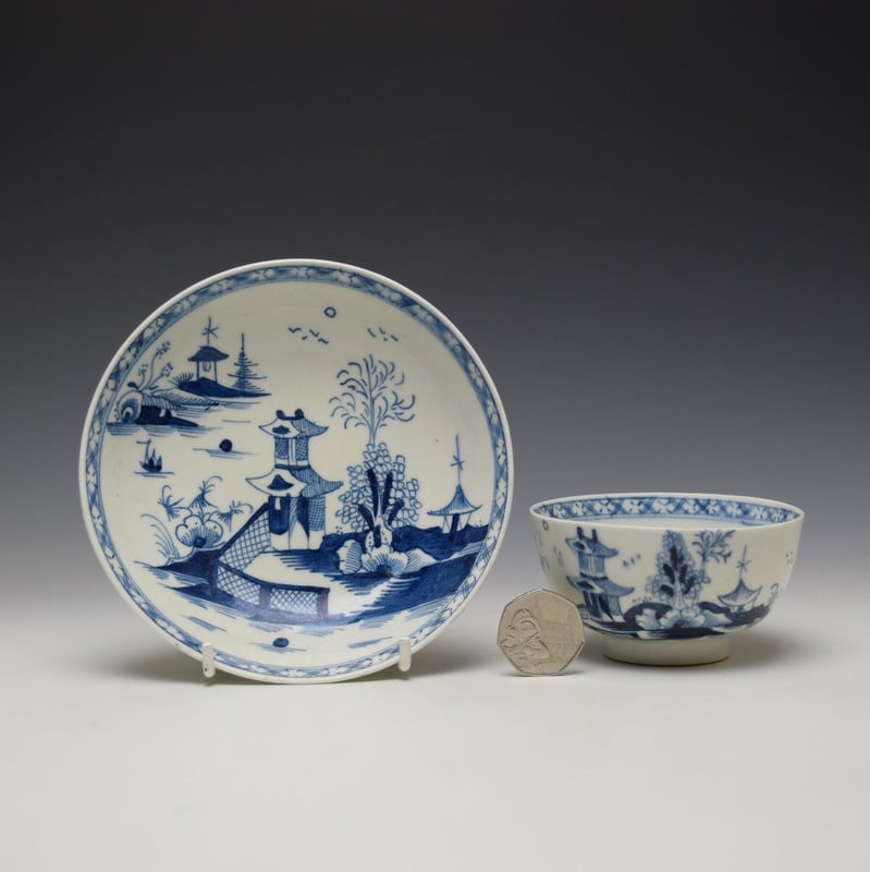 Rare Fenced Pagoda River Landscape Pattern Breakfast Size Teabowl and Saucer c1780-85