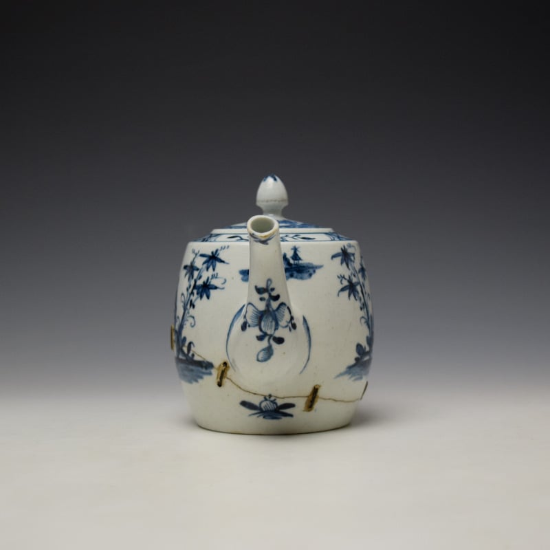 Lowestoft Very Rare Zig Zag Fence and Peony Pattern Barrel Shape Teapot and Cover c1762-65 (3)