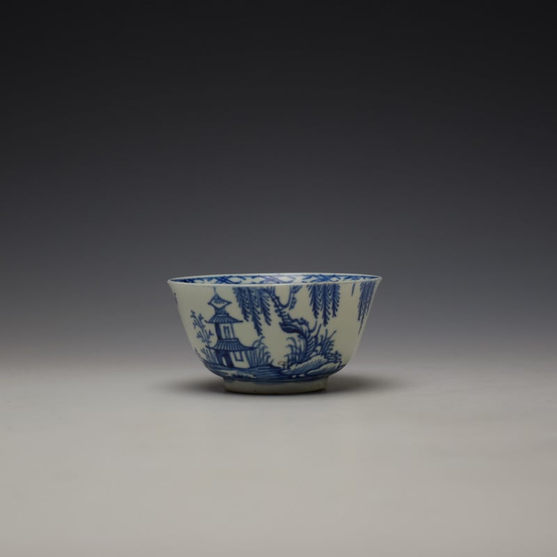 Vauxhall Tall Pagoda Willow Landscape Pattern Teabowl and Saucer c1755-60 (2)