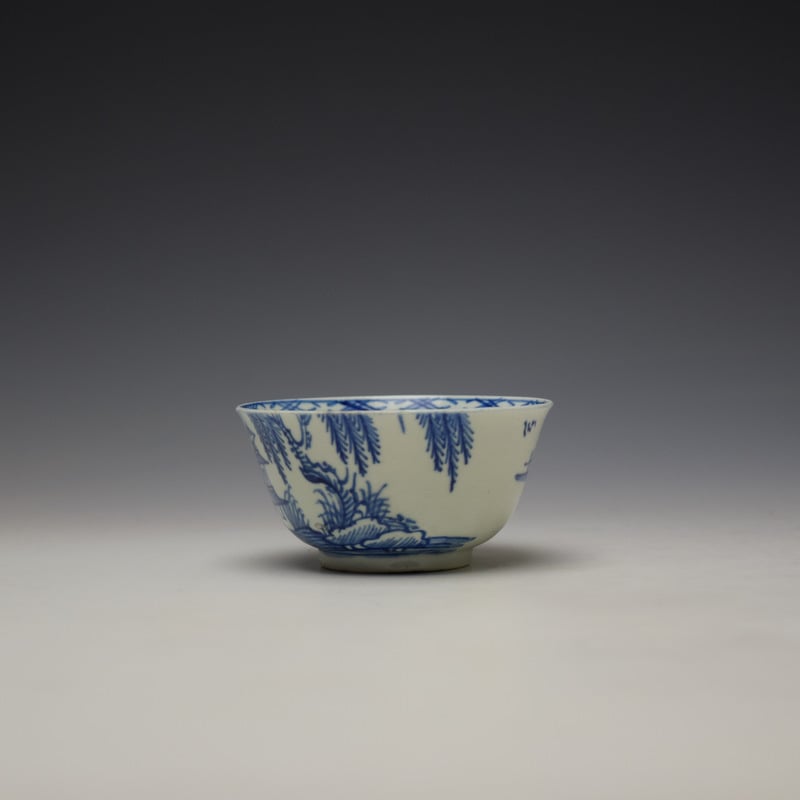 Vauxhall Tall Pagoda Willow Landscape Pattern Teabowl and Saucer c1755-60 (5)