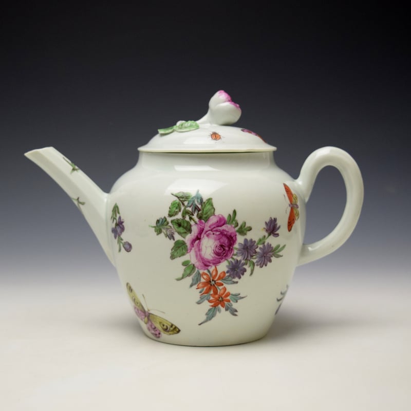 Worcester Floral and Insect Pattern Teapot and Cover c1756-58 (1)