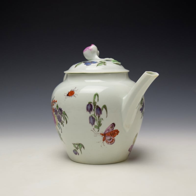Worcester Floral and Insect Pattern Teapot and Cover c1756-58 (3)