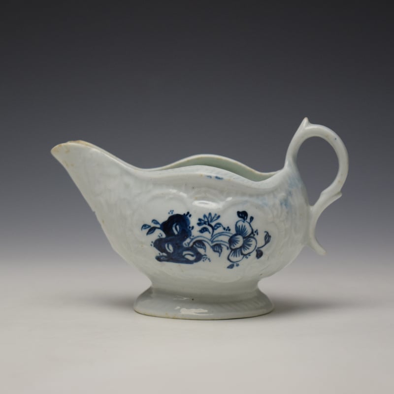 Liverpool Philip Christian Floral and Hollow Rock Pattern Creamboat c1765-70 (1)