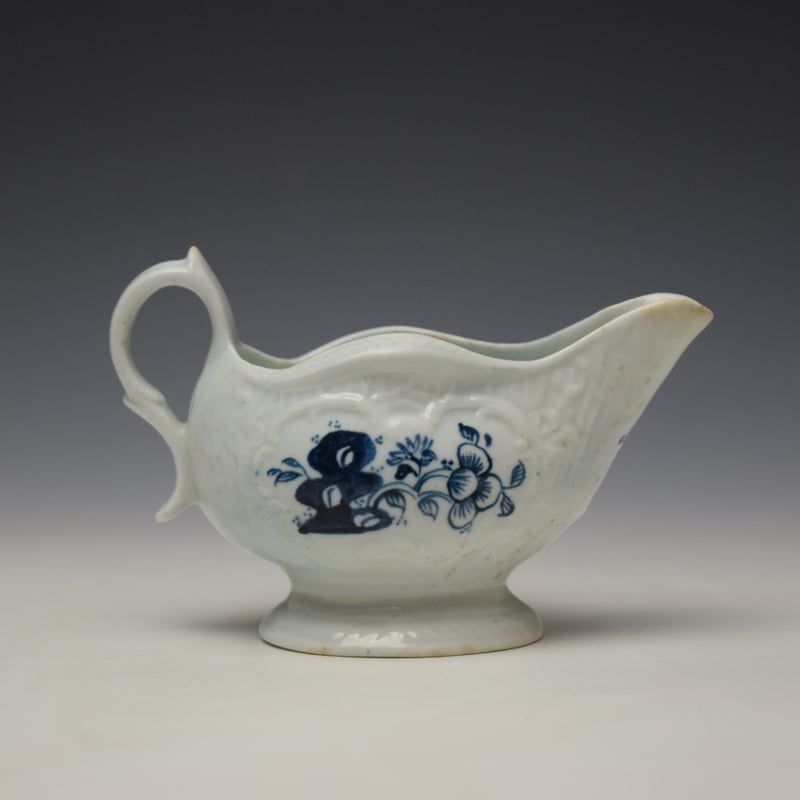 Liverpool Philip Christian Floral and Hollow Rock Pattern Creamboat c1765-70 (5)