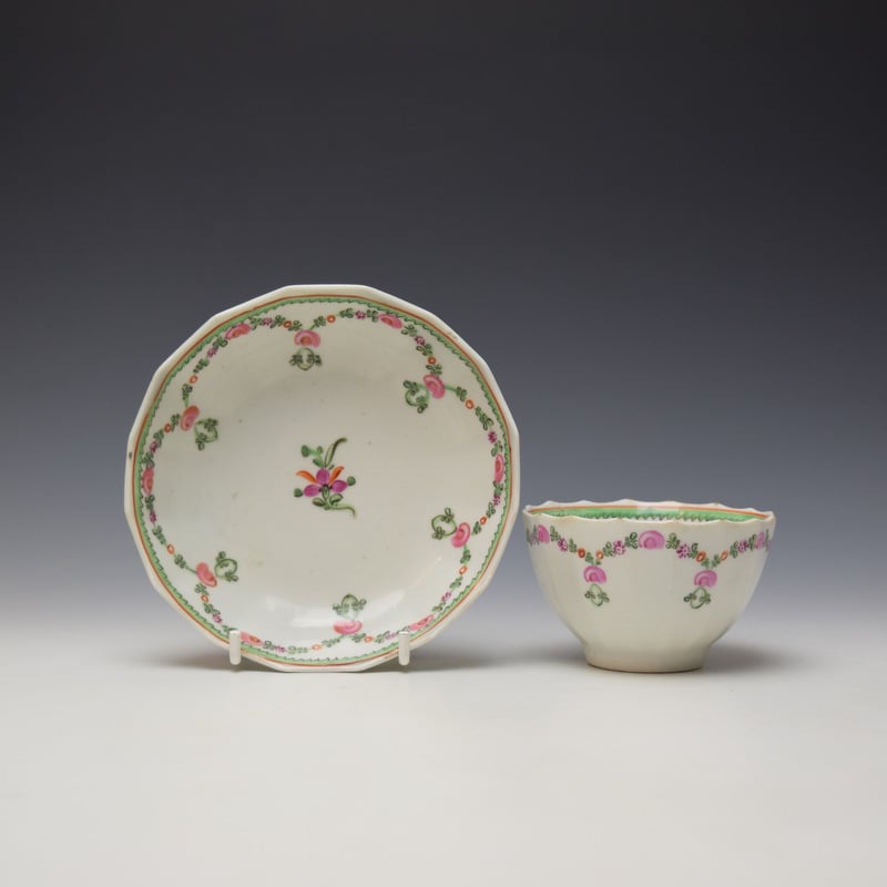 Floral Garland Pattern Fluted Teabowl and Saucer c1790-95