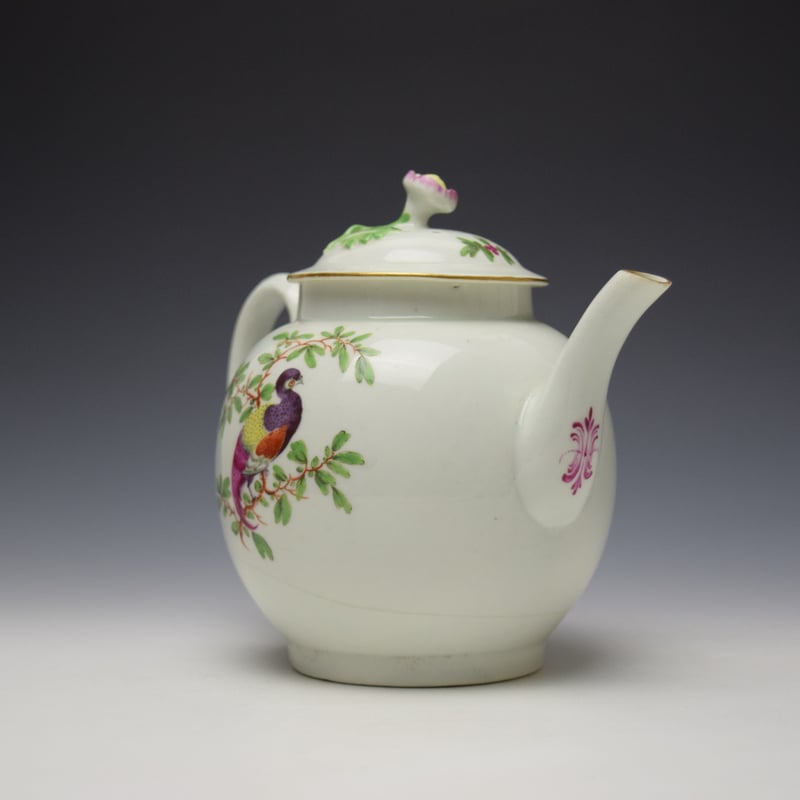 Worcester James Giles Fancy Bird Pattern Teapot and Cover c1770 (3)