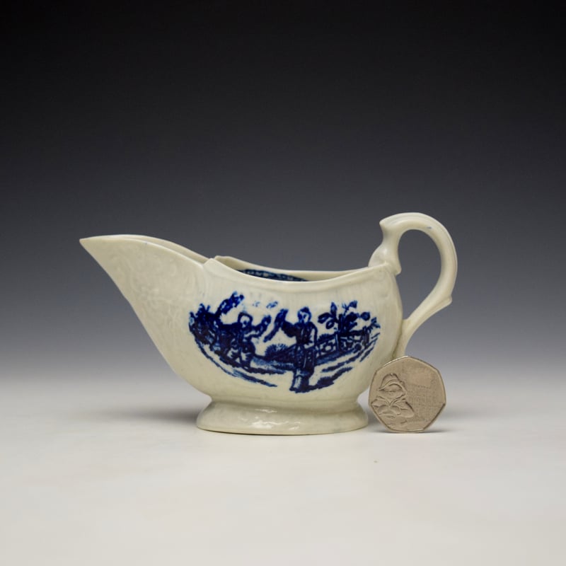Uncommon John Pennington Chinese Lady and Boy With Bird Pattern Moulded Creamboat c1780-90