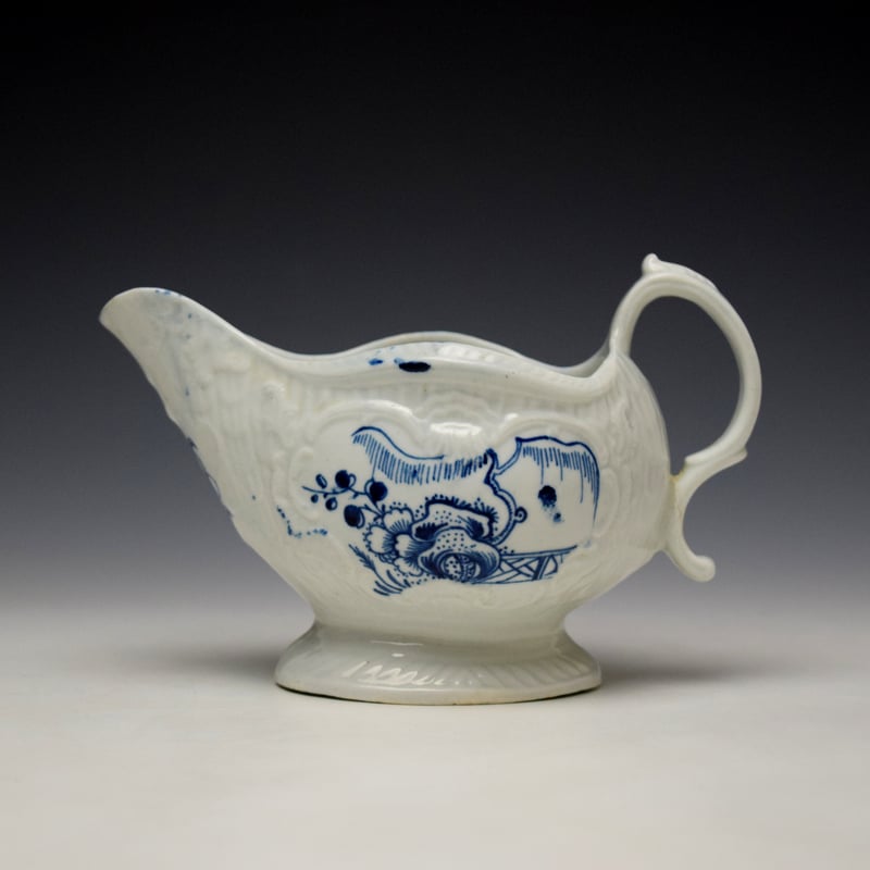 Liverpool Philip Christian Holled Rock Fence and Peony Pattern Sauceboat c1765-70 (1)