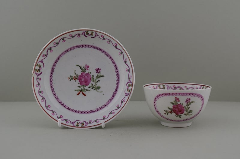 Pink Rose Within a Border Pattern Teabowl and Saucer, C1780.