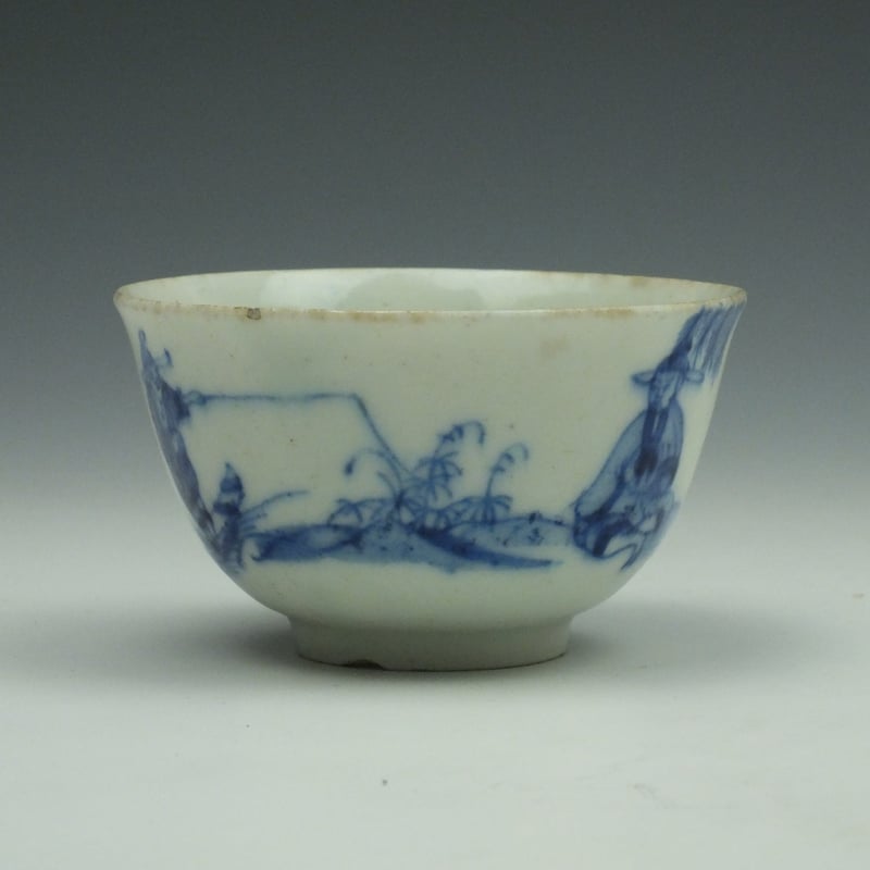 Bow Porcelain Crossed Legged Fisherman Pattern Teabowl c1750 (2)