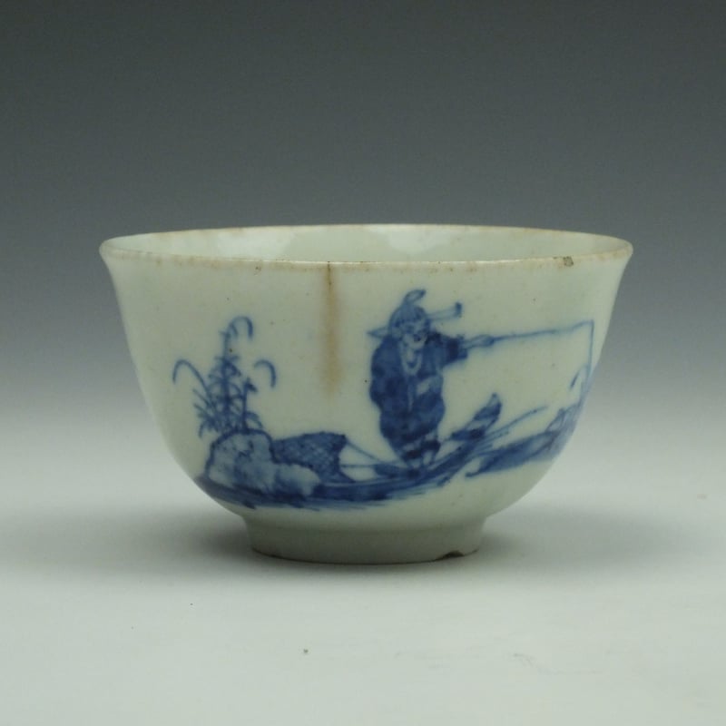 Bow Porcelain Crossed Legged Fisherman Pattern Teabowl c1750 (3)