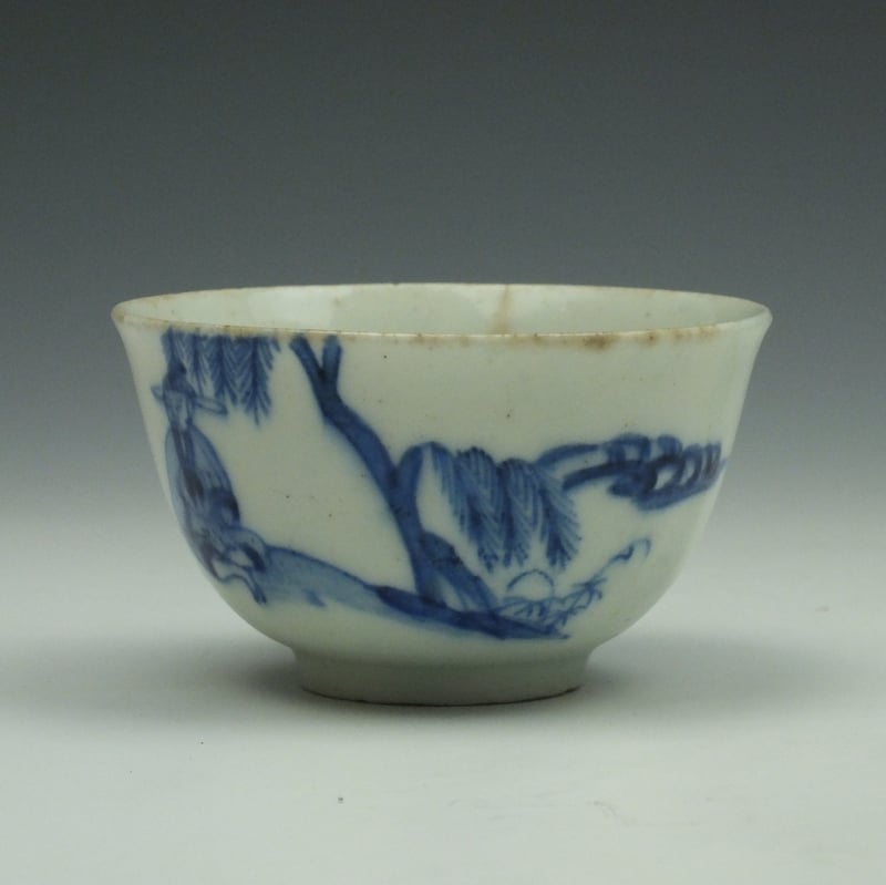 Bow Porcelain Crossed Legged Fisherman Pattern Teabowl c1750 (5)