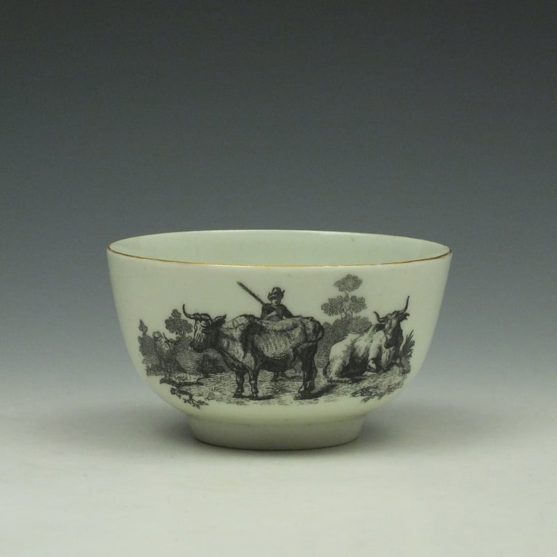 Rare Worcester Drovers Pattern Bat Printed Teabowl c1770 (1)