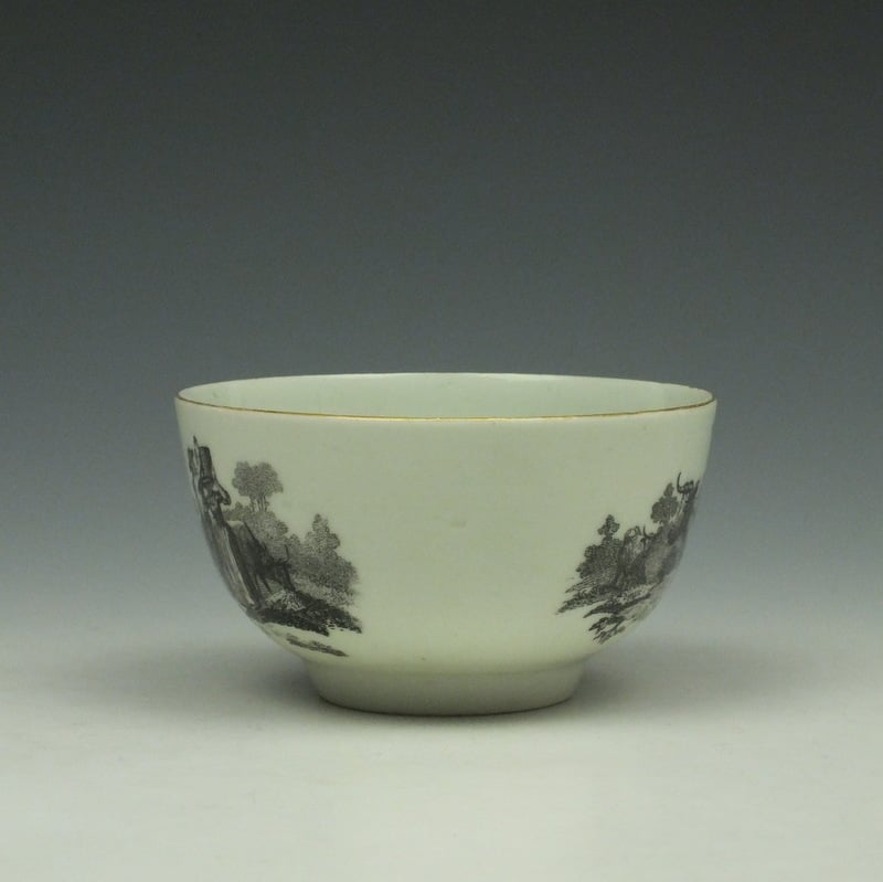 Rare Worcester Drovers Pattern Bat Printed Teabowl c1770 (2)