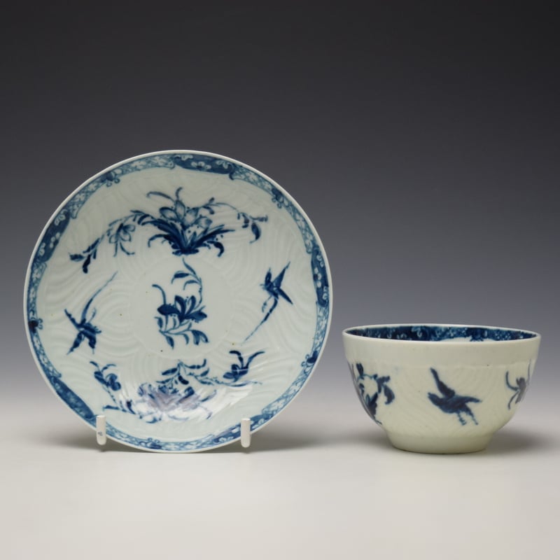 Rare Feather Mould Birds Pattern Teabowl and Saucer c1760-65