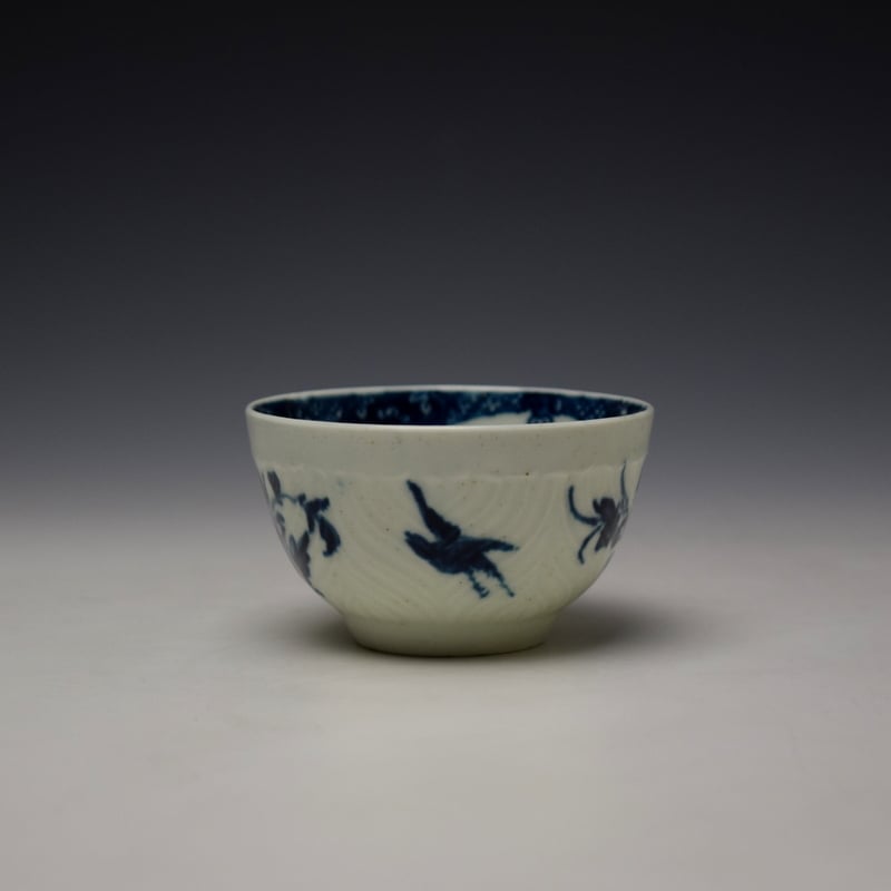 Rare Worcester Feather Mould Birds Pattern Teabowl and Saucer c1760-65 (2)