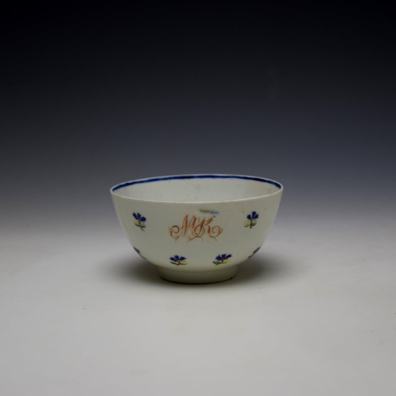 Lowestoft Rare Monogramed Cornflower Sprigs Pattern Teabowl and Saucer c1785-95 (2)
