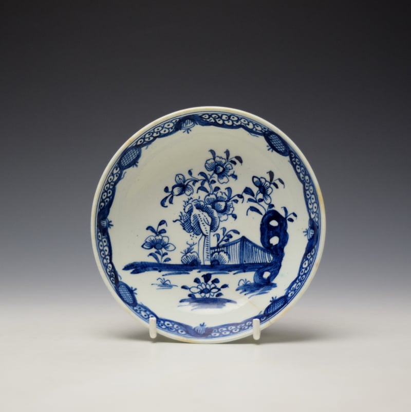 Lowestoft Flowering Plant Holed Rock and Fence Pattern Teabowl and Saucer c1780-85 (9)