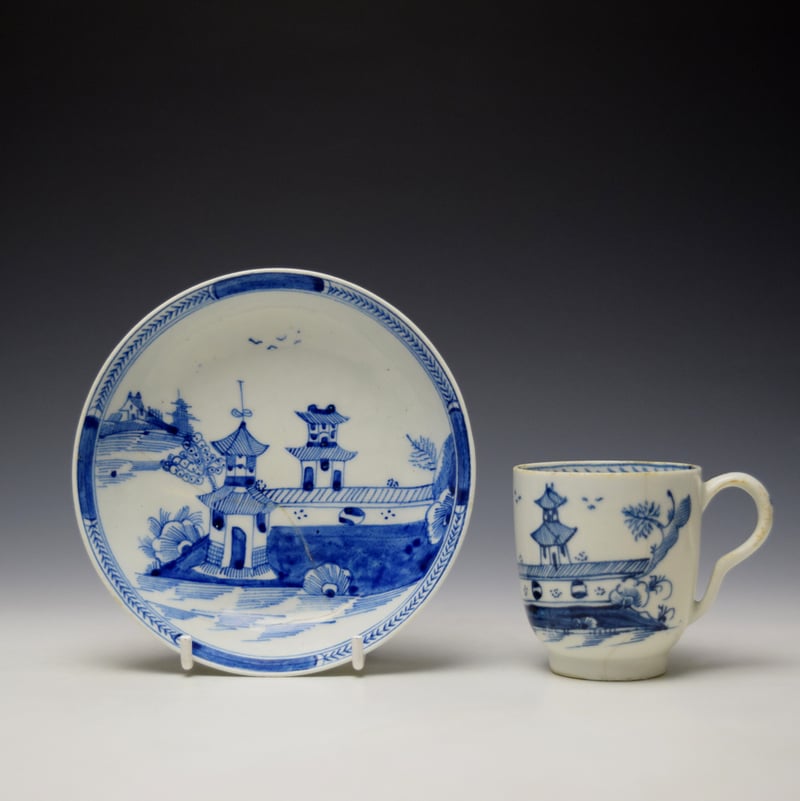 Uncommon Gatehouse and Walled Garden Pattern Coffee Cup and Saucer c1785-90