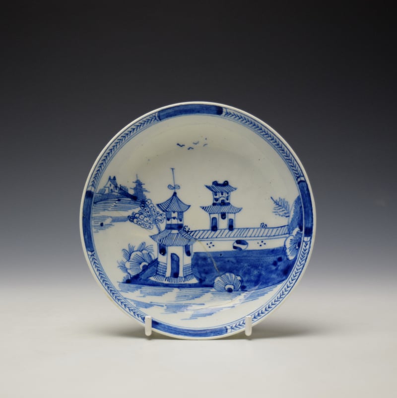 Lowestoft Gatehouse and Walled Garden Pattern Coffee Cup and Saucer c1785-90 (9)