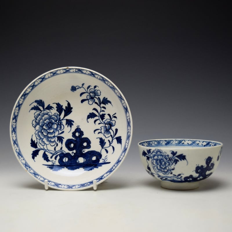 Uncommon Peony and Holed Rock Pattern Breakfast Sized Teabowl and Saucer c1775-80
