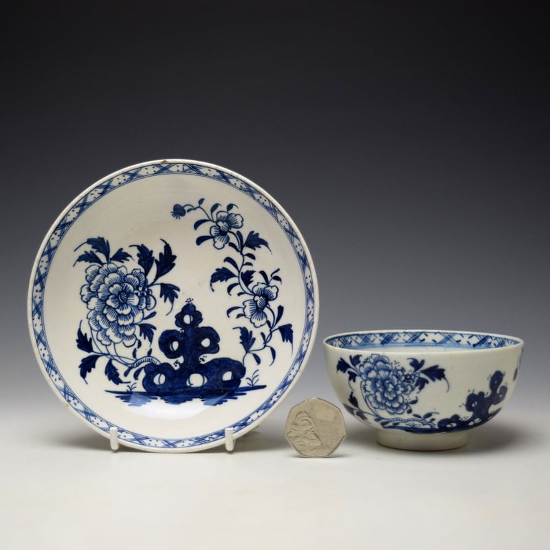 Uncommon Peony and Holed Rock Pattern Breakfast Sized Teabowl and Saucer c1775-80 - Image 2