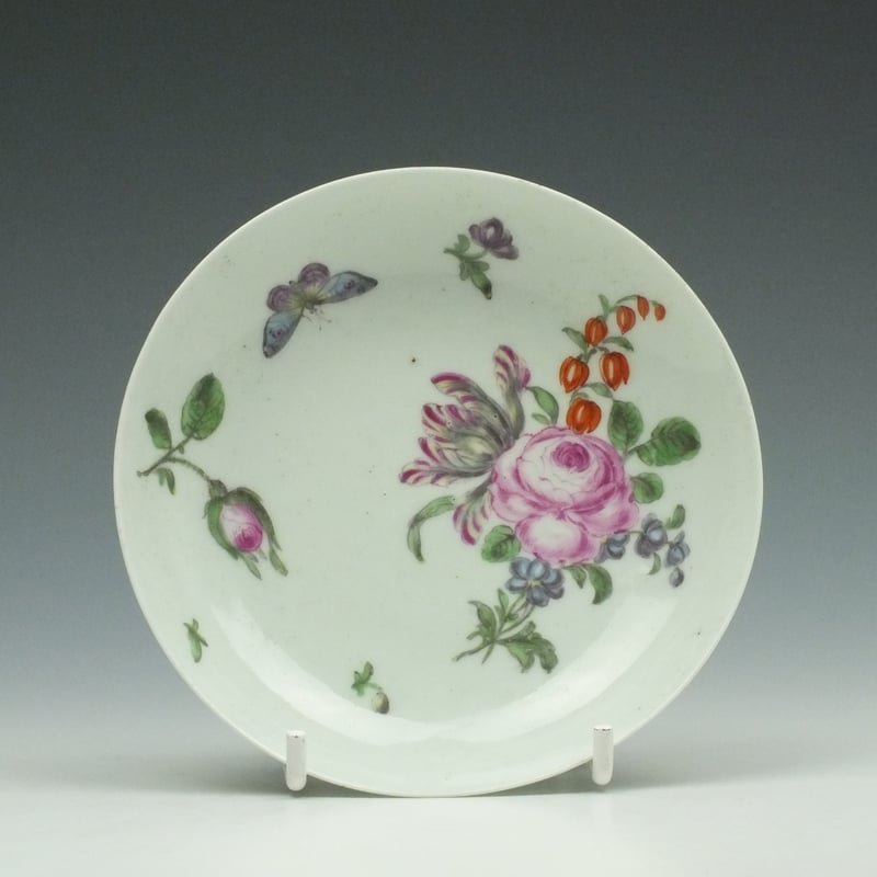 Vauxhall Hand Painted Floral and Butterfly Pattern Saucer c1758-60