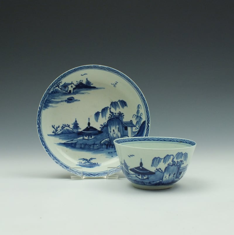 Vauxhall Porcelain River Scene Pattern Teabowl and Saucer c1755-60 Ex Watney Collection